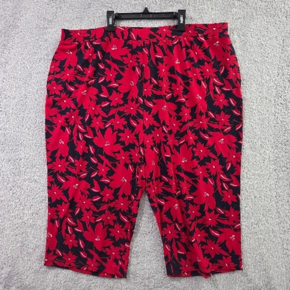 Susan Graver Capris Women's 2X Red Navy Blue Liquid Knit Floral Pull On Pockets